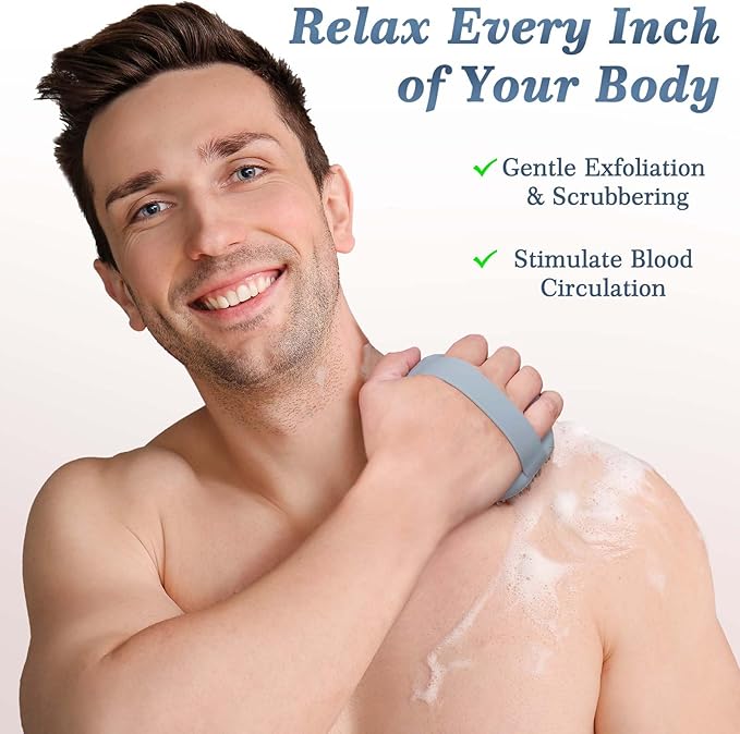 Manmihealth Silicone Back Scrubber & Soft Shower Face Brush Set 4 PCS(Thin Bristles), Super-Cleansing Body Scrubber & Strong Lathering Power Bath Glove Combination (Gray)