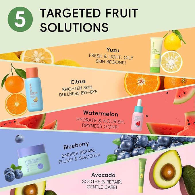 QUIYUM Fruit Skincare for Teens, 5 Daily Routine Beauty Skin Care Sets - Exfoliating, Smooth, Clean, Oil Control, Firm, Hydrating, Glow Up, Facial Skincare Gift Set for Girls Women, for All Skin Types
