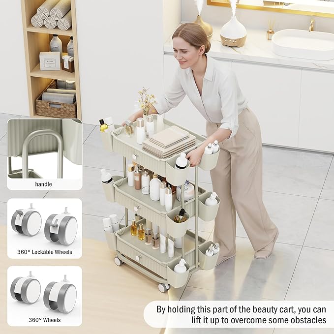 Dolonm 3 Tier Drawer Shelf Beauty Cart with 12 Movable Storage Organizer, Durable ABS, 360° Wheels for Salon Station for Hair Stylist, Beauty Salon, Spa Massage Parlor, Makeup Organizer - Beige Gray
