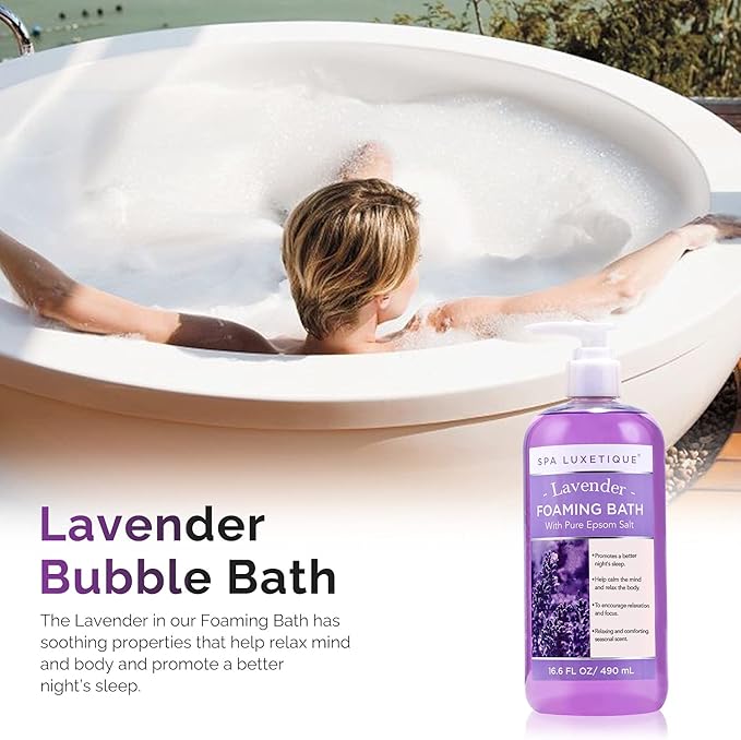 Spa Luxetique Bubble Bath, Foaming Bath with Epsom Salt, Chamomile Rose and Lavender Scent Bathing Set, 3 Pack 49.8 fl oz Mothers Day Gifts Set for Women and Men