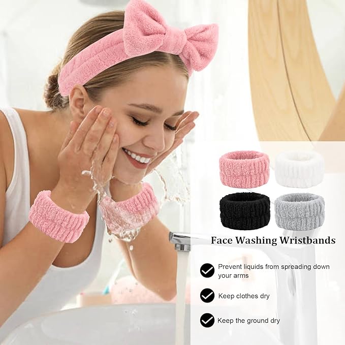 CIEHER 12 PCS Makeup Headband for Women Wrist Washband Scrunchies Cuffs for Washing Face, Soft Bow Hair Band Matching WriMakeup Headband for Women stbands (White, Pink, Grey, Black)