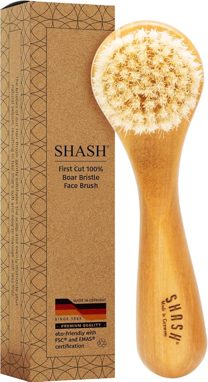 SHASH Made in Germany Hand Made Since 1869 First Cut 100% Boar Bristle - Exfoliating Face Brush, Scrub Cleansing Brush, Exfoliates Skin to Help Reduce Flaking, Fine Lines, Supports Glowing Complexion