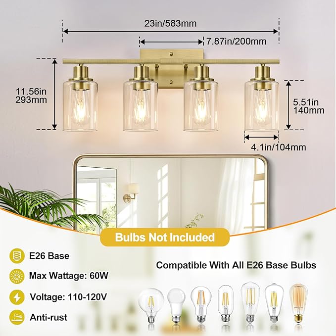 Indoi 4 Light Bathroom Light Fixtures, Brass Vanity Lights for Bathroom with Clear Glass Shades, Modern Bathroom Wall Sconces for Mirror Living Room Cabinet