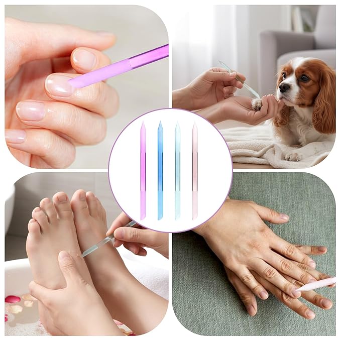 4PCS Glass Cuticle Pusher Tool, Dual-Ended Manicure Stick, Crystal Glass Nail File Women Professional Precision Filing Cuticle Remover Tools for Natural Nails & Cuticles Care (Purple Green Blue Pink)