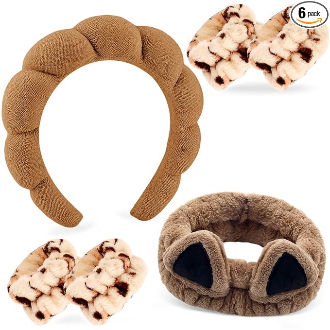 Zkptops 6Pcs Spa Headband for Washing Face Wristband Set Sponge Makeup Skincare Terry Cloth Headband Bubble Soft Cat Ears Hairband Women Puffy Padded Headwear Non Slip Hair Accessory(Khaki)