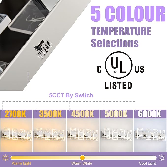 Modern LED Bathroom Light Fixtures Dimmable 4-Light Chrome Vanity Light, 5CCT Adjustable Lighting Fixture Vanity Lights Over Mirror, Smoked Acrylic LED Vanity Lights for Bathroom