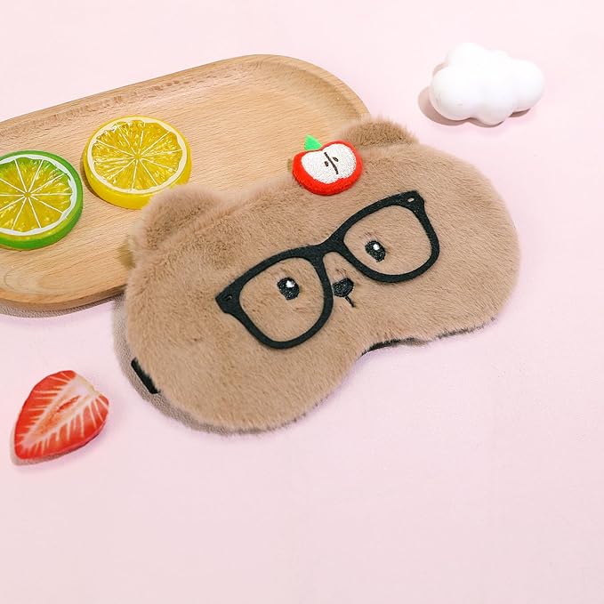 PERFECTSIGHT Sleep Eye Masks, Cute Plush Sleep Eye Cover Lightweight Adjustable Eyeshade Faux Fur Mask Cover for Women Kids Girl Sleep Travel Nap, Glasses Bear