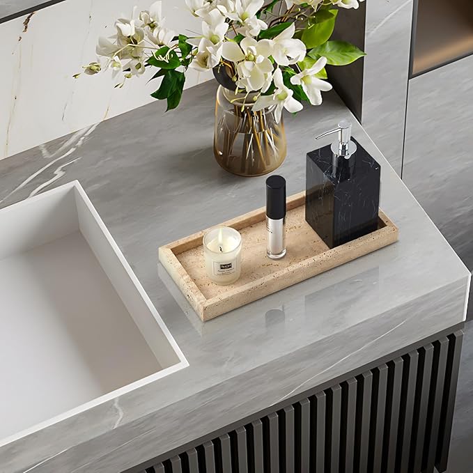 Real Natural Small Marble Tray for Bathroom, Vanity, Kitchen and Desktop, Rectangle Genuine Marble Stone Tray for Jewelry, Cosmetics, Candles, Lotion, Perfume and Home Decor
