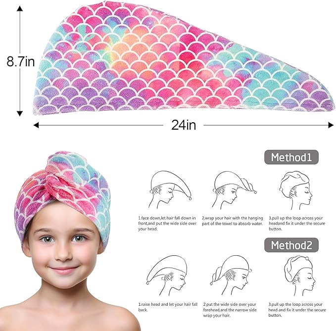 MADHOLLY Fast Drying Microfiber Hair Towel for Kids Women - 3 Packs Soft Super Absorbent Hair Towel Wrap with Button, Anti-Frizz Turban for Thicker Curly Long Hair, Mermaid Pattern Gift for Girls