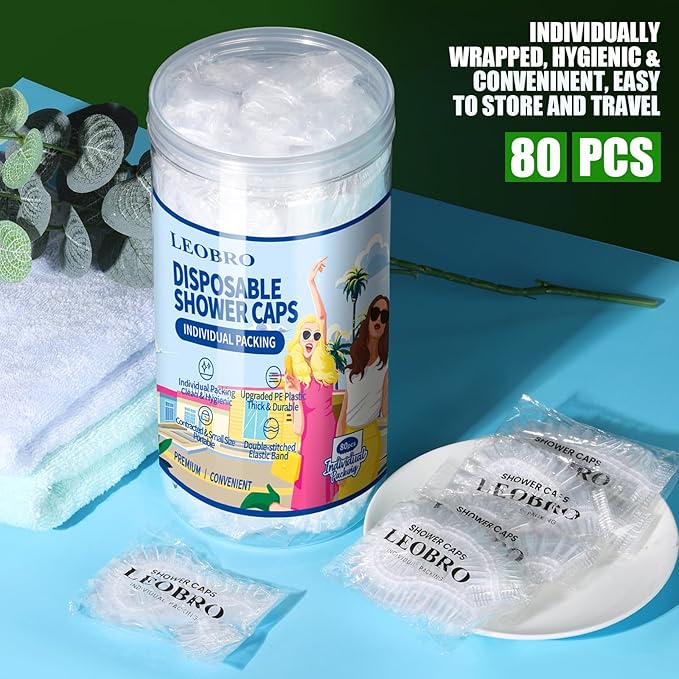 LEOBRO Individually Wrapped Disposable Shower Caps, 80pcs Large Plastic Shower Caps for Women Disposable, Plastic Hair Caps for Travel, Hotel Use, Travel Essentials for Women, 19.3 INCH