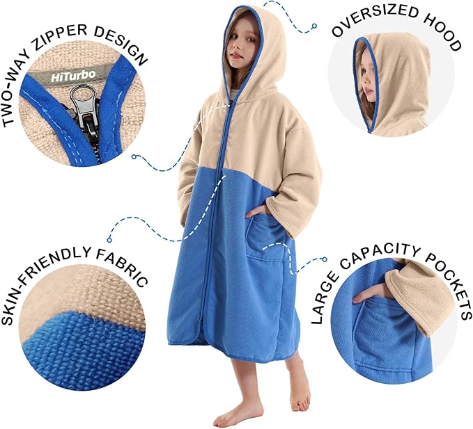Hiturbo Kids Bath Towel Hoodie: Zipper Surf Poncho Long Sleeve Quick Dry - Absorbent Changing Towels Swimming Outerwear for Beach Pool - Beige/Blue