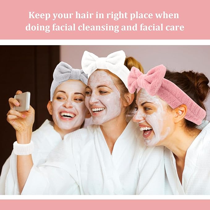 CIEHER 12 PCS Makeup Headband for Women Wrist Washband Scrunchies Cuffs for Washing Face, Soft Bow Hair Band Matching WriMakeup Headband for Women stbands (White, Pink, Grey, Black)