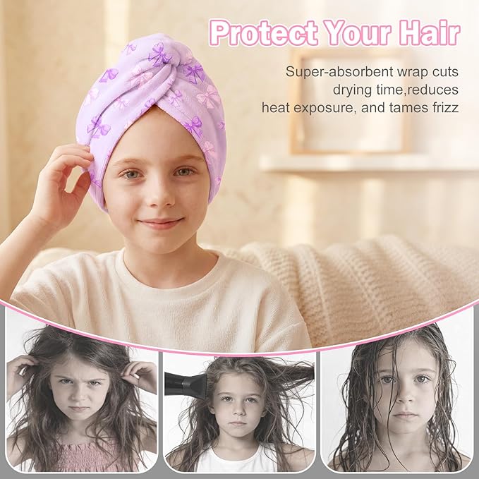 Microfiber Hair Towel Wrap for Kids Hair Drying Towel Wrap with Button 2 Pack Wet Hair Towel Wrap Head Towels Wrap for Girls