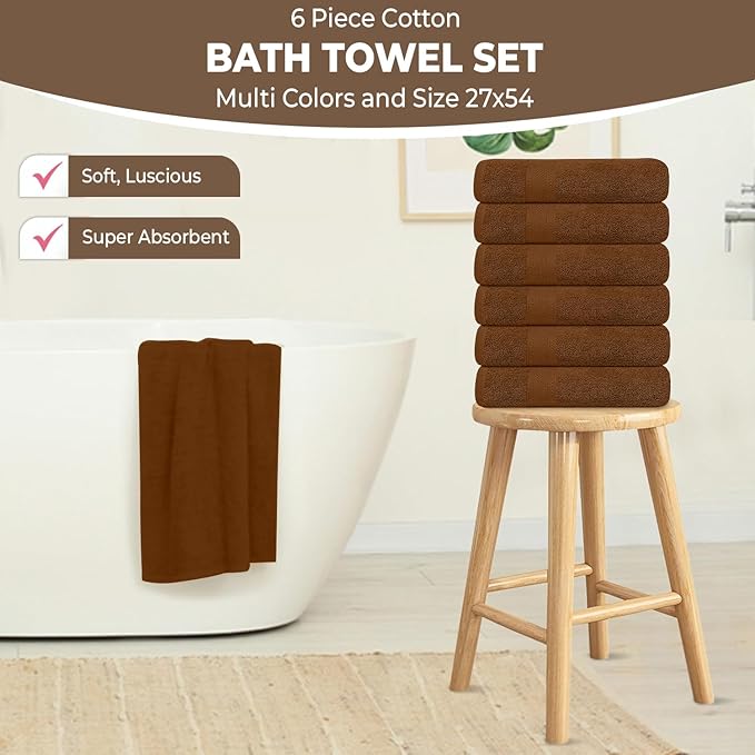 KAHAF COLLECTION 6 Pack Bath Towels Set (27 x 54 Inches) 100% Ring Spun Cotton, Lightweight, Quick Dry, Highly Absorbent Towels (Brown, (27x54) Inches)