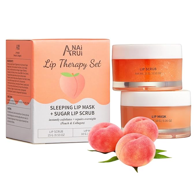 ANAI RUI Lip Scrub & Mask Set, Lip Scrubber Exfoliator, Lip Sugar Scrub, Lip Sleeping Mask, Moisturizering for Dry, Chapped, Dark Lips, Overnight Lip Mask, Peach, Mothers Day Gifts