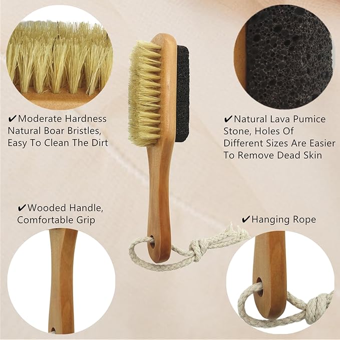 Natural Lava Pumice Stone for Feet with Foot Brush, Callus Remover Foot Scrubber Exfoliator Pedicure Tools for Hard Dead Skin, Softer & Smoother Feet, Double Sided Boar Bristles Wooden Handle