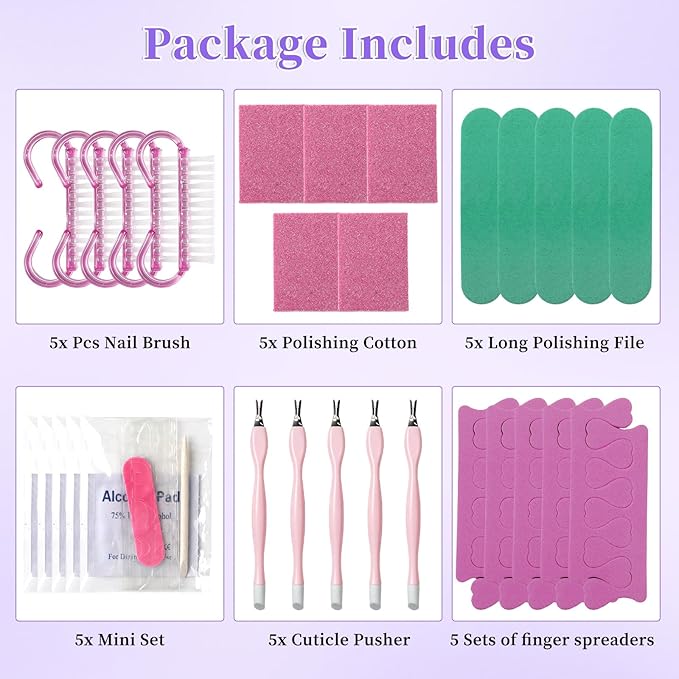 TADOPRO Press On Nail Tool Kit, Disposable Nail Prep Kit for Toenails Salon Home Nail Business Supplies with Toe Separators, Nail File, Handle Grip Nail Brush, Cuticle Trimmer Push(5pcs Set)