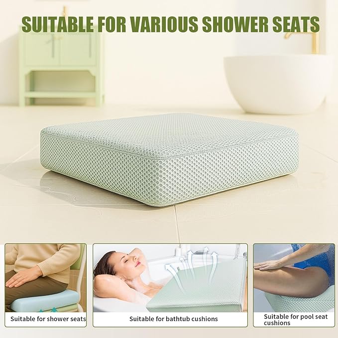 Shower Seat Cushion,Thickened Shower Chair Cushion 4D Air Fiber Material,Machine Washable and Fast Drying Suitable for Shower Seats Bathtub Baths, Poolside Scenes，Light Gray