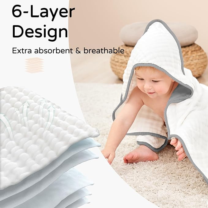 Yoofoss Hooded Baby Towels for Newborn 2 Pack 100% Muslin Organic Cotton Baby Bath Towel with Hood for Babies, Infant, Toddler and Kids, 32x32Inch, Soft and Absorbent Newborn Essential,White&Pure Grey