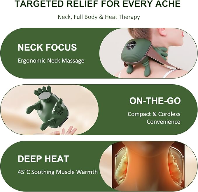 Neck Massager with Heat, Bionic Shiatsu Neck and Shoulder Massager with 4D Kneading Fingers, LCD Display & Adjustable Intensity, Heated Neck Massage Device Simulates Real Palm to Relax Muscle Tension