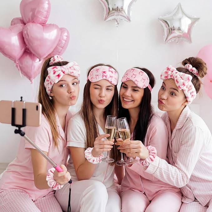 Kajaia 48 Pcs Sleepover Party Supplies for Girls Slumber Party Supplies for Women Spa Headband Favor Mask Scrunchies Bag (Bow,Pink)