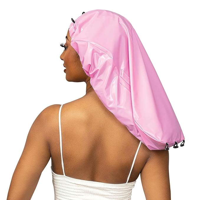 Esha Girl - Shower Cap for Extra Long Hair, Braids, Locs, Twists – Waterproof – Snug Fit Guarantees No Leaks – Easy Button Up (Pink, Long (22.3" x 9"))