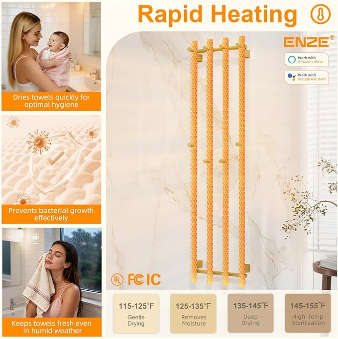 ENZE Smart Heated Towel Rack, Wall Mounted Electric Towel Warmer 300W for Bathroom, WiFi App Control, LED Touch Screen, Adjustable Temperature, 24H Timer, Vertical Model, IPX5, Plug-in/Hardwired, Gold