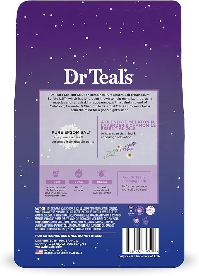 Dr Teal's Epsom Salt Soak, Lavender & Chamomile, 3 lbs | Pack of 2 | Sleep Blend | With Melatonin | Essential Oils