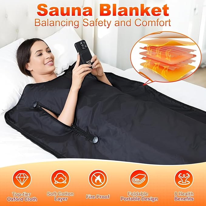 Infrared Sauna Blanket for Home: Portable Full Body Detox Wrap with Deep Heat Relaxation - Adjustable 86-176°F Far Infrared Therapy 20-60 Min Timer Waterproof Foldable Design 71 x 31.5 Inch
