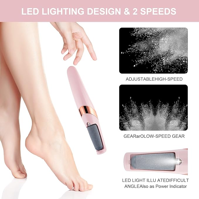 AOOWU Electric Foot File, USB Rechargeable Feet Callus Remover with 2 Speed of Replacement Rollers & LED Lights, Professional Hard Skin Remover Foot Care Tools for Cracked Heels Calluses & Dead Skin