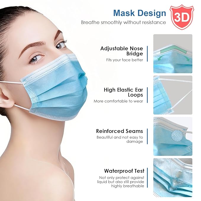 50pcs Individually Wrapped Masks, Blue Disposable Face Masks, 3 Ply Breathable Face Mask for Adults Indoor Outdoor