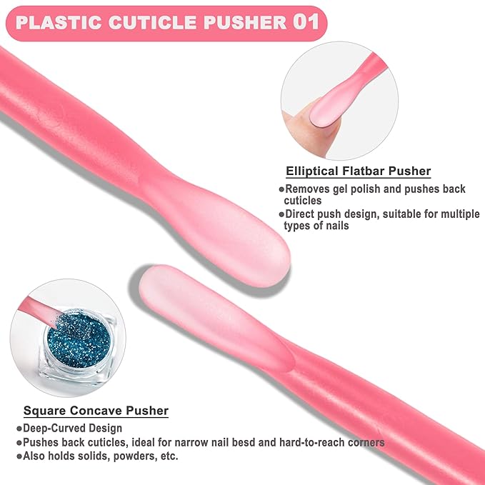 2Pcs Plastic Cuticle Pusher, Dual-end Dead Skin Nail Pusher, Gentle Plastic Pusher, Gel Polish Remover Tool, Manicure and Pedicure Tool, Rose Red