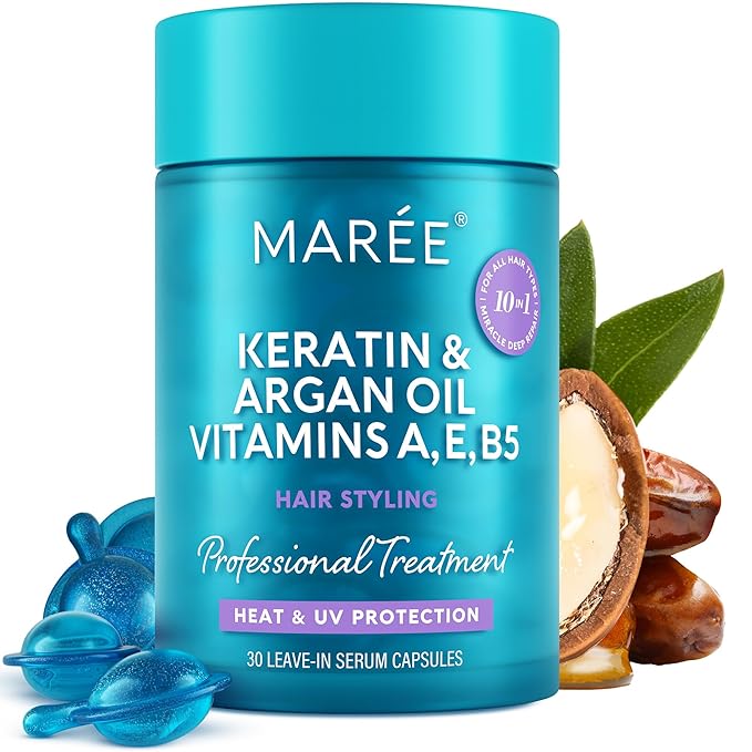 MAREE Hair Serum for Frizzy Dry Hair – Styling Capsules with Keratin, Argan Oil, Vitamins A E B5 – UV & Heat Protectant Frizz Control Serum for Women – Aceite Para el Cabello Treatment | for Frizzy, Styling Capsules, with Jojoba, for Women, Frizzy, Dam...
