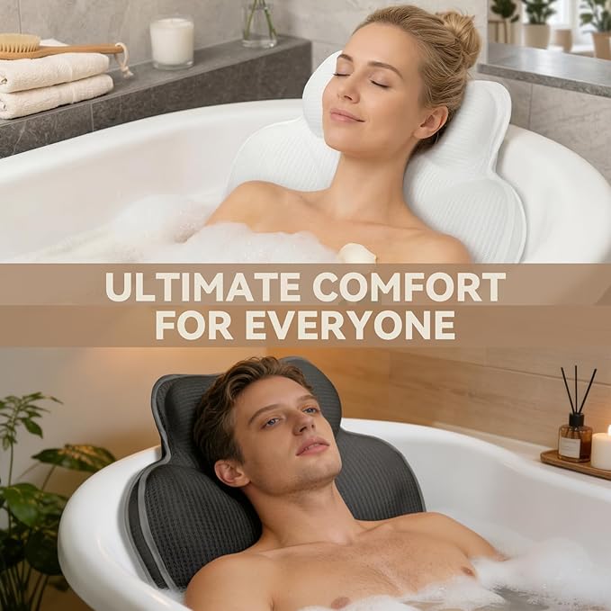 Bath Pillows for Tub - Luxury Bathtub Pillow Neck, Head, Back Support, Soft 5D Mesh Fabric and Non-Slip Suction Cups & Quick Dry, Comfort Fits All Tubs, Relaxation Spa Gift, Grey