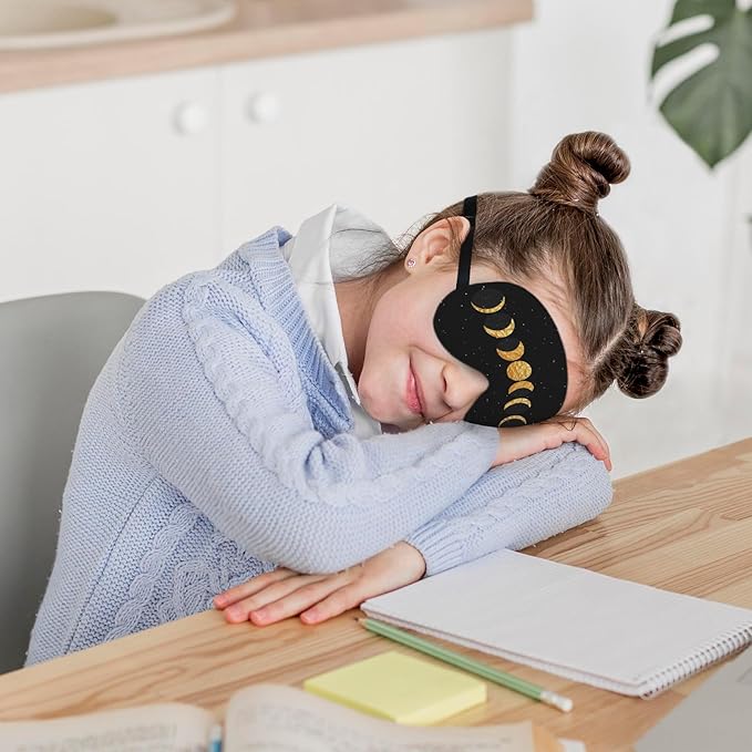Boho Sun Moon Silk Eye Mask for Sleeping,Black Gold Moon Blindfold Adjustable Strap Night Sleep Mask for Women Girls, Dorm Airplane Travel Nap, Boho Moon Phase Sleeping Mask Eye Cover