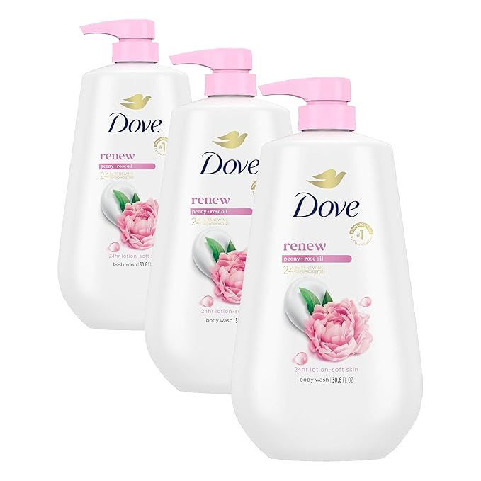 Dove Body Wash with Pump Renew Peony & Rose Oil For 24hr Lotion-Soft Skin Moisturizing Skin Cleanser with No Sulfates No Parabens 30.6 Oz (Pack of 3)