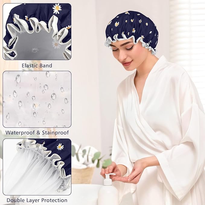 Waterproof Shower Caps for Women, Pattern And Solid Color Dual-Layer Design For Dual-Layer Usable, Protects Hair In Shower, Cooking, Spa, Clean & Travel (Daisy Blue)