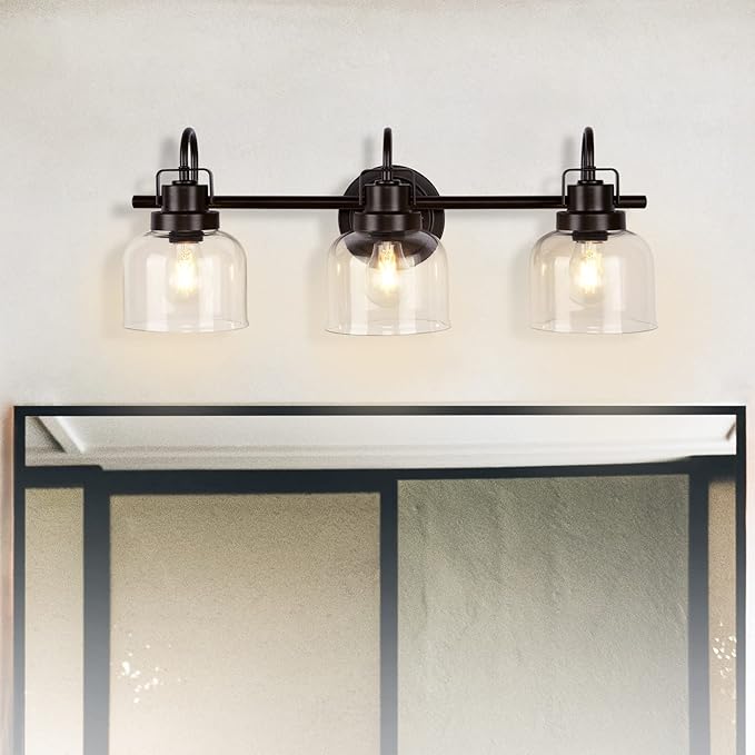 Bronze Bathroom Vanity Lights, 3-Light Vanity Light Fixtures for Bathroom, Oil Rubbed Bronze Vanity Light with Clear Glass Shade, Wall Sconces Lighting for Bathroom, Living Room, Hallway(E26 Base)
