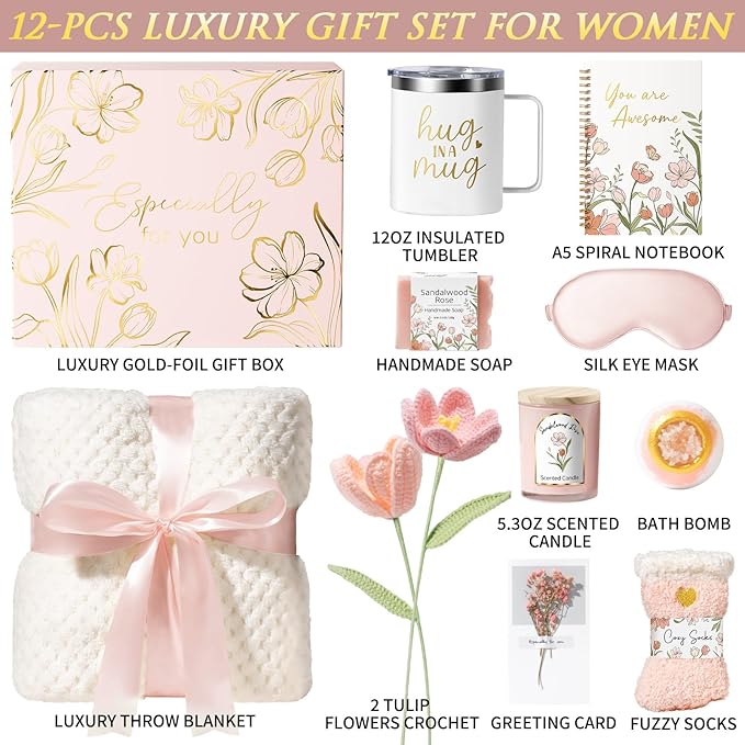Mothers Day Birthday Gifts for Women Self Care Package, Get Well Soon Gift Baskets for Women Spa Gifts Set, Unique Thinking of You Inspirational Sympathy Gift Baskets for Mom Her Wife Friend Sister