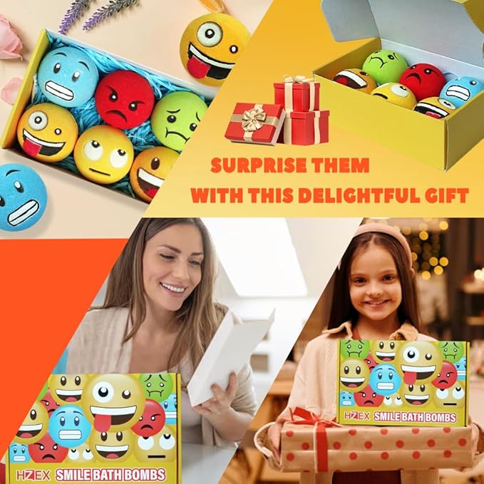 HZEX Large Emotion Face Bath Bombs Set of 6 – Fun Emoji-Inspired Spa Fizzies – Handmade with Shea Butter, Cocoa Butter & Essential Oils – Moisturizing Gift Set for Women, Men & Kids (Pack of 2)