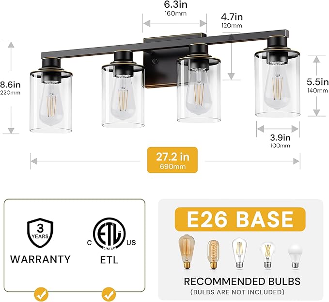 L LOHAS LED 4 Light Bathroom Light Fixtures, Black Vanity Lights for Bathroom, Vanity Lights for Mirror Bedroom Hallway