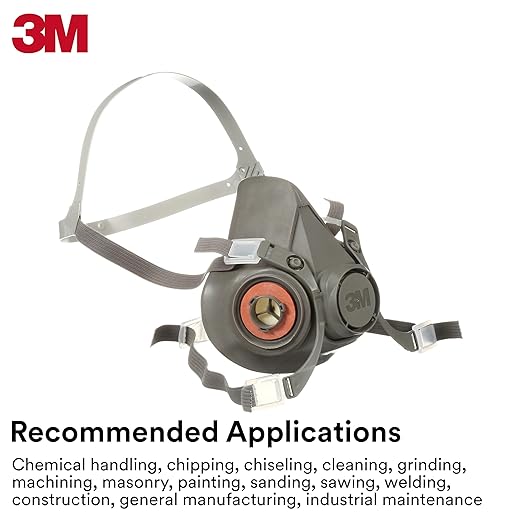 3M Half Facepiece Reusable Respirator 6300, NIOSH, Four-Point Harness, Comfortable Fit, Dual Airline Supplied Air Compatible, Bayonet Connections, Painting, Sanding, Cleaning, Large