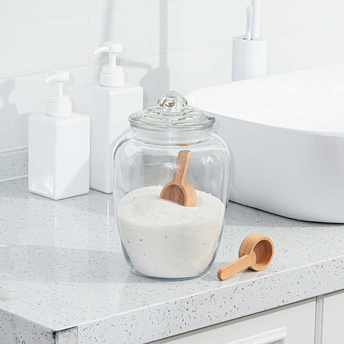 SiliFine 2 Sets 74 oz Bath Salt Container with Airtight Lid and Scoop Big Glass Jar with Wooden Scoop for Bath Flour Salt Candy Tea(Clear)