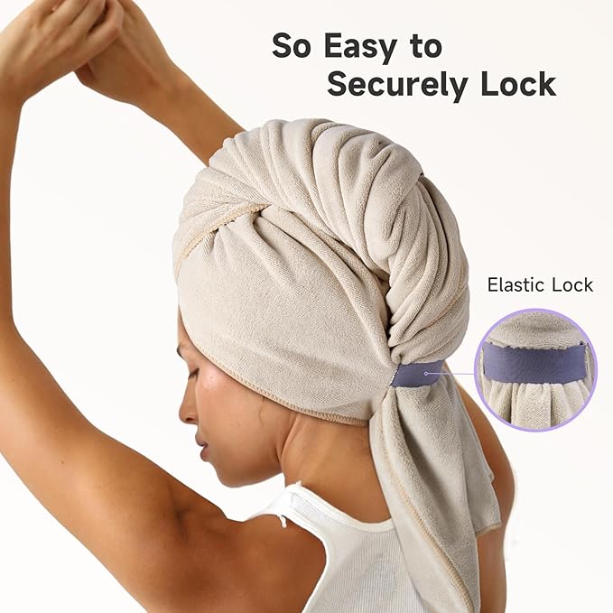 Umisleep Microfiber Hair Towel, 41" x 30" Super Absorbent Extra Large Curly Hair Towel Wrap With Elastic Loop, Camel
