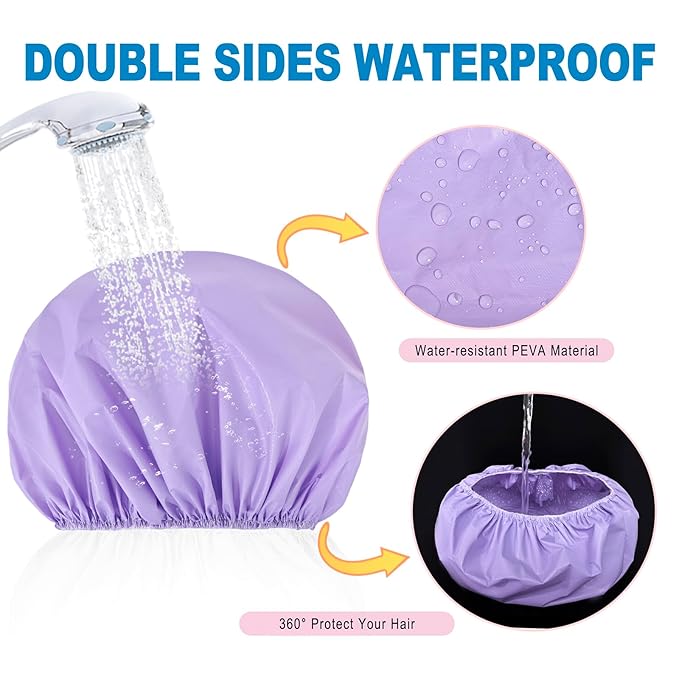 12 PCS Shower Caps for Women, Double Side Waterproof Shower Cap, Reusable Elastic Bath Caps for Shower, EVA Bathing Shower Caps, Bath Hair Caps - Set A (Purple+Pink+Blue+Green)