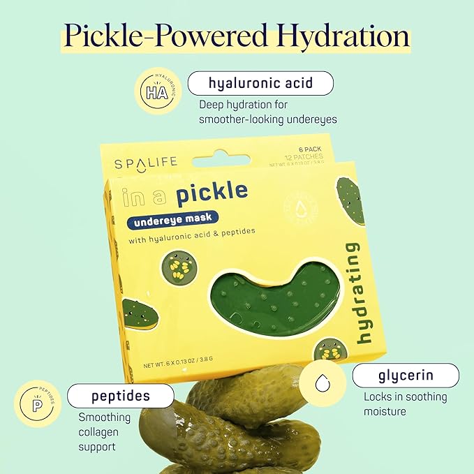 SpaLife In a Pickle Hydrogel Under Eye Patches for Dark Circles | Mothers Day Gifts | Pickle Under Eye Patches for Puffy Eyes | Hydrating Undereye Masks | Pack of 8 Pairs (8 Undereye Treatments)