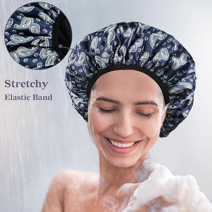 Bandana Satin Shower Cap, Three-Layer Terry Cloth Lined, with Silk Hair Ties, Microfiber Waterproof Reusable Large Size Shower Cap for Women Long Thick Hair (Blue Paisley)