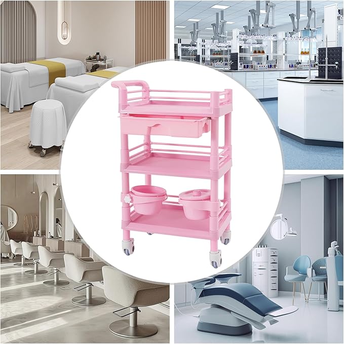 Salon Storage Cart, 3 Tier Rolling Beauty Organizer with 2 Garbage Baskets & 1 Drawer, 80kg/176.37lbs Capacity, Movable Storage Trolley for Beauty Salon SPA (Pink)