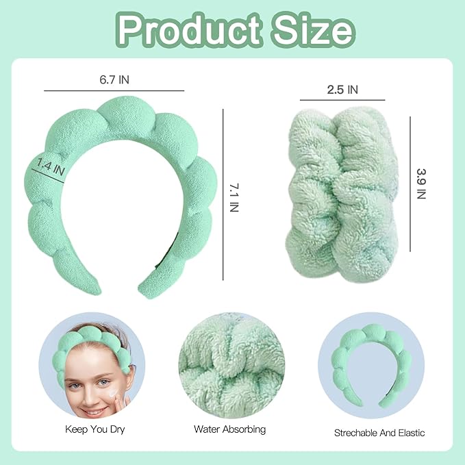 Beleki Spa Headband for Washing Face Wristband Set Makeup Skincare Face Washing Headband Sponge Terry Cloth Bubble Puffy Hairband Non Slip Headwear Hair Accessory for Women - Mint