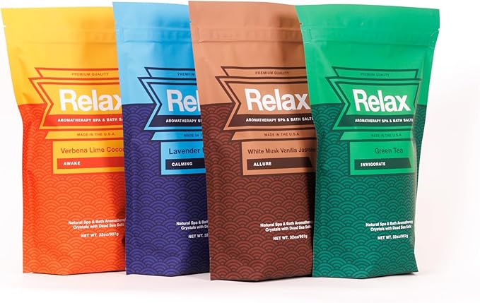 Relax Spa & Bath Aromatherapy Variety Pack Bath Salts for Hot Tub, Bath, or Spa, Four 2LB Bags Infused with Magnesium, Bath Salt for Soaking, Escape Line Scent